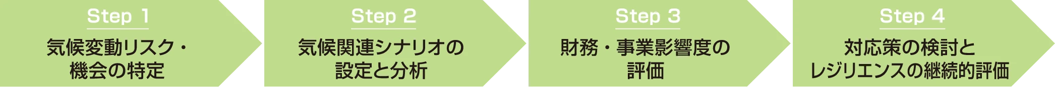Step1 気候変動リスク・機会の特定　Step2 気候関連シナリオの設定と分析　Step3 財務・事業影響度の評価　Step4 対応策の検討とレジリエンスの継続的評価